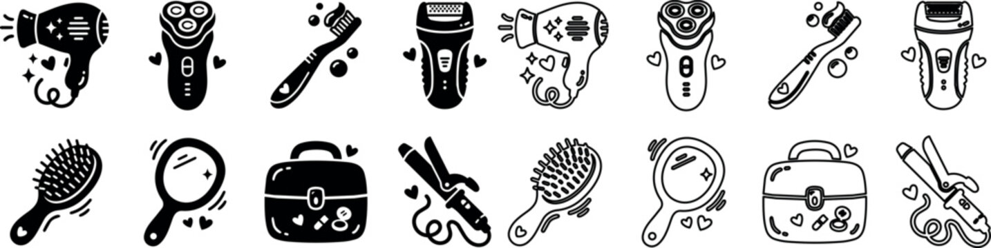 Personal grooming icons featuring hair dryer, electric shaver, toothbrush, electric razor, hairbrush, mirror, vanity case, and hair straightener