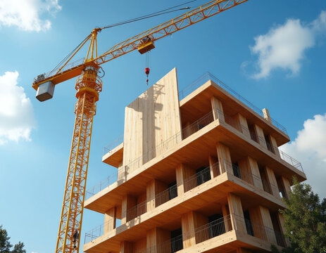 Massive crane lifts beams at timber building site. Modern wood construction rises, eco-friendly architecture development. Sustainable urban project progress, high-rise skeleton unfolds.
