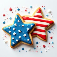 Fototapeta premium Two star shaped cookies decorated with american flag colors, sugar sprinkles on white background. These festive treats are perfect for patriotic celebrations, holidays. Enjoy these yummy baked goods.