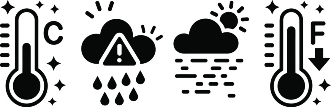 Weather icons illustration set, generic celsius fahrenheit weather alert and climate symbols in flat design.