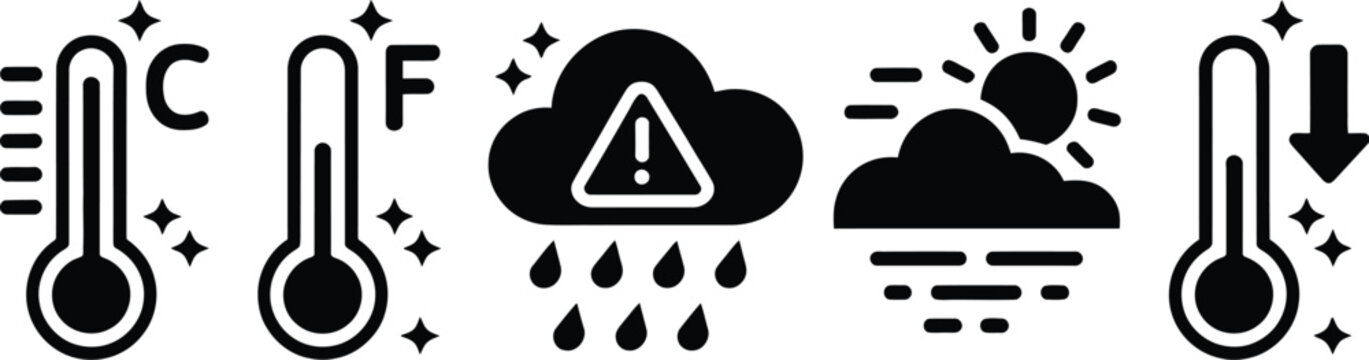 Weather icons illustration set, generic celsius fahrenheit weather alert and forecast interface symbols.