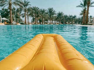 Obraz premium Poolside Bliss: Yellow Inflatable Lounger in Crystal Blue Waters, Palm Trees Lining the Edge