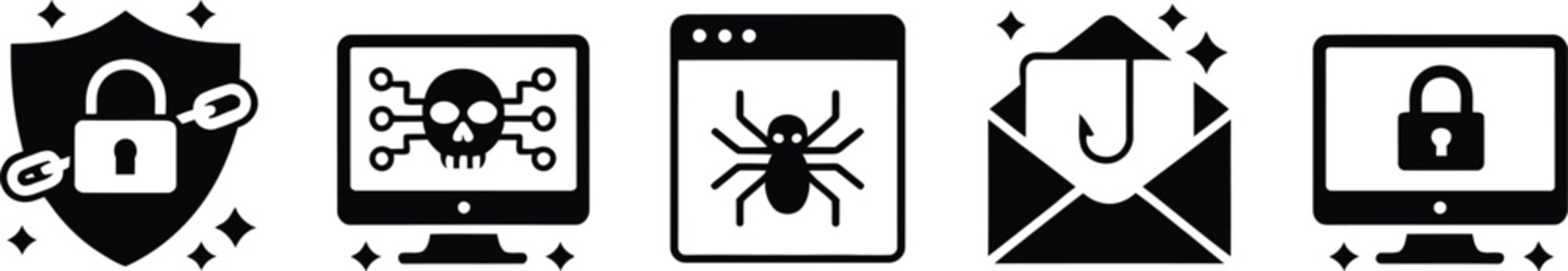 Cybersecurity icons illustration set, generic protection alert vulnerability scanning and malware defense graphics.