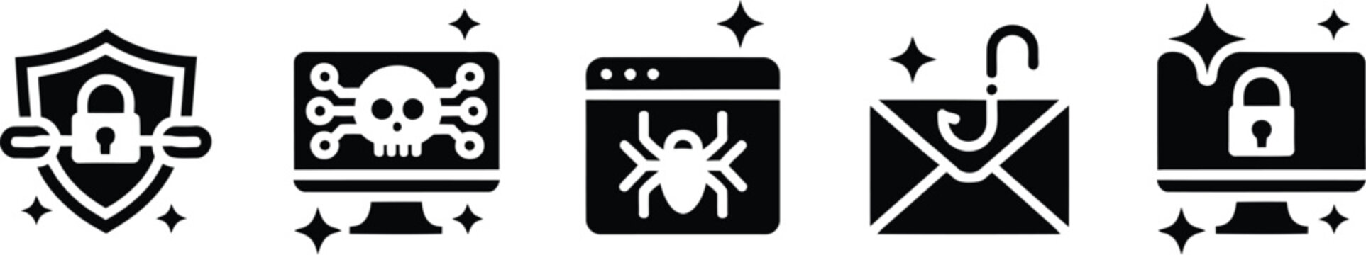 Cybersecurity icons illustration set, generic protection alert vulnerability exploit and malware security symbols.