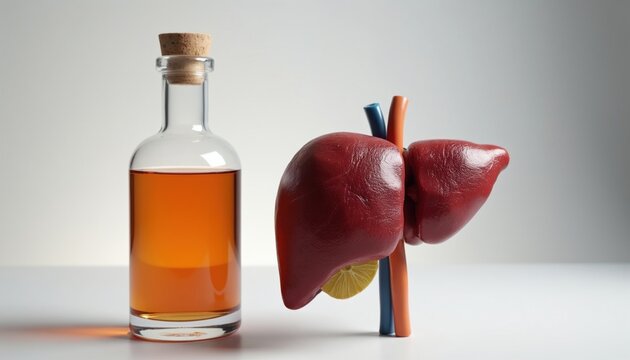 Alcohol bottle and human liver model suggest health risks of drinking. Shows liver damage from alcohol abuse and disease. Warns about alcohol toxicity and poor lifestyle choices.