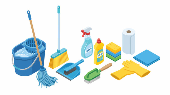 Isometric vector illustration of household cleaning supplies equipment mop bucket broom and detergent.