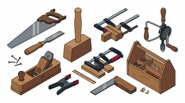 Isometric vector illustration of traditional woodworking hand tools and carpentry equipment set 1.