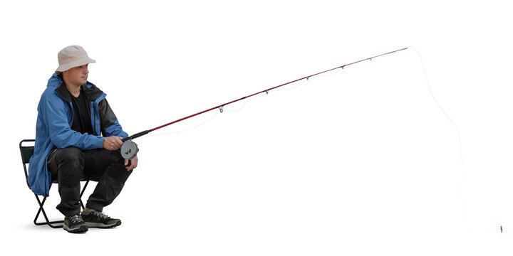 Fisherman with a rod sitting and fishing, isolated on white and transparent background