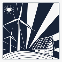 Renewable energy icon with wind turbines and solar house © Stock Master BD