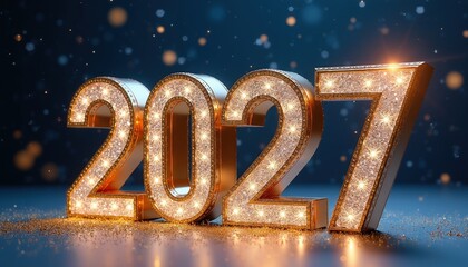 Fototapeta premium Golden 3D numbers 2027 sparkle with diamonds and lights. Festive New Year background with glitter confetti. Celebrate future, hope, and success with luxury.