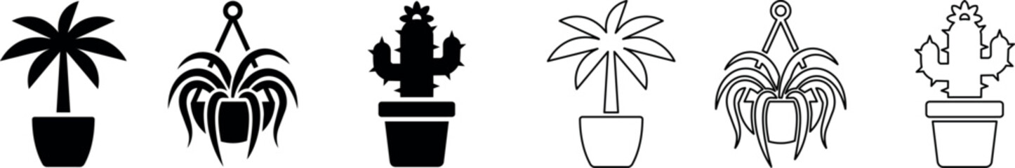 Fototapeta premium Silhouettes and outlines of potted palm, spider plant, and cactus
