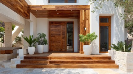 Fototapeta premium A modern entrance features rich wooden decking and a massive door, set against a white stucco background with potted greenery.