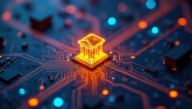 Glowing digital bank building icon rests on circuit board. Orange blue lights illuminate abstract tech background. Fintech finance digital systems networks.