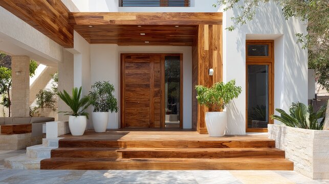 A modern entrance features rich wooden decking and a massive door, set against a white stucco background with potted greenery.
