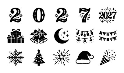 Happy New Year 2027 vector icon set, black Christmas holiday symbols, festive winter celebration elements for seasonal greeting cards and party invitations © Asset Aura