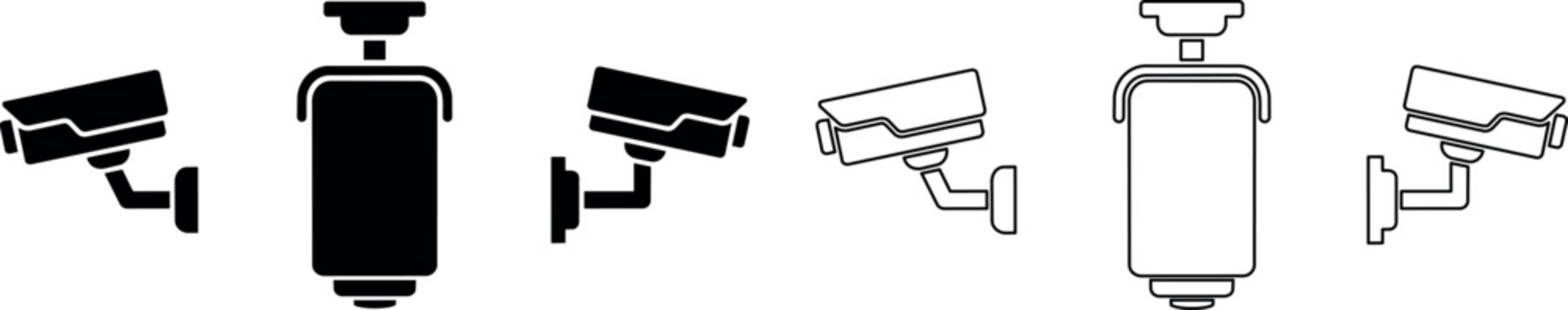 Set of security surveillance cameras and CCTV camera icons in black and outline styles