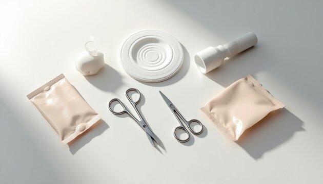 Stoma care kit with adhesive baseplate skin barrier wipe stoma scissors ostomy care essentials. Medical hygiene illustration. Gentle cleaning supplies for stoma pouch maintenance. Health kit.
