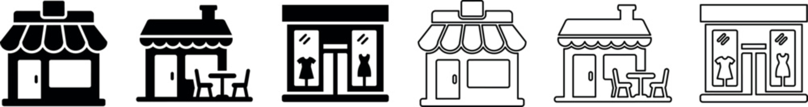 Set of retail store front icons including shop, cafe, and clothing boutique