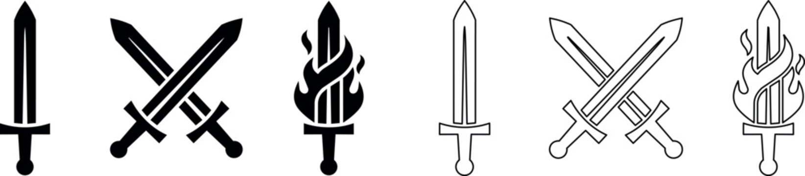 Set of six black and white icons including single, crossed, and flaming swords