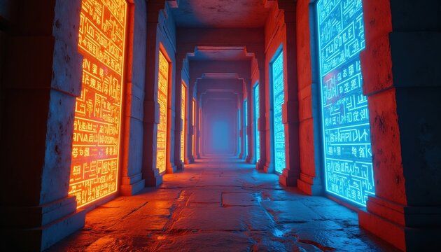 Stone corridor inside ancient temple illuminated by glowing neon hieroglyphs. Red and blue lights reflect on wet floor. Futuristic mystic atmosphere.