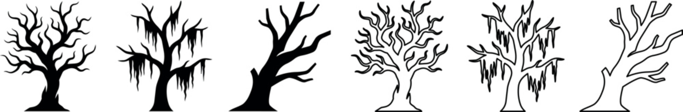 Leafless tree silhouettes in various shapes and angles
