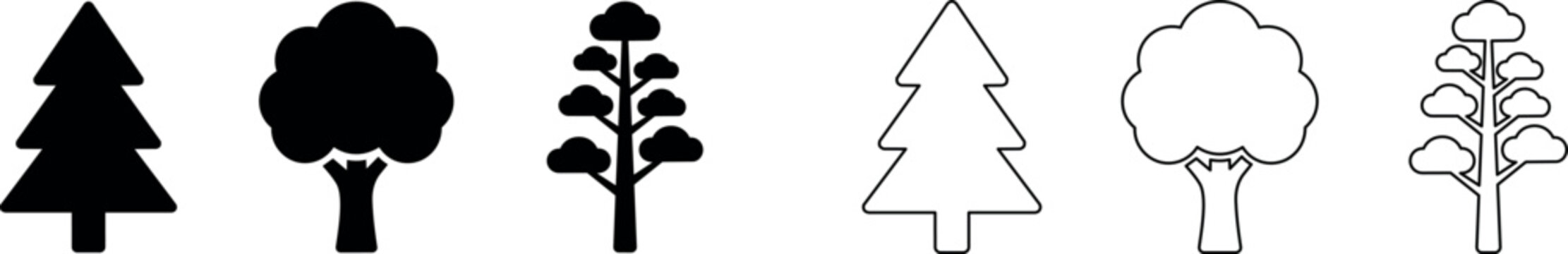 Set of simple pine, leafy, and conifer tree icons in solid and outline styles
