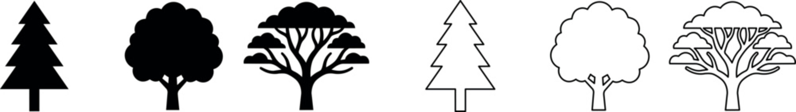 Tree silhouette and outline icons showing evergreen, deciduous, and broadleaf types