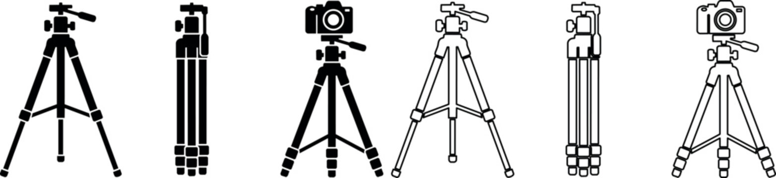 Set of black and white camera tripod icons showing unfolded and folded positions with mounted camera