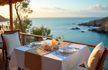 Obraz premium Elegant restaurant table set for two on ocean terrace. Candle and seashells centerpiece decorates setting with white tablecloth and sea view. Relaxing seaside dining ambiance.