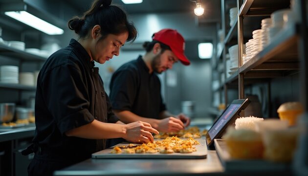 Two chefs prep food on tray in dark commercial kitchen. One chef uses tablet device for orders. Staff works together efficiently for fast food delivery and takeaway service.
