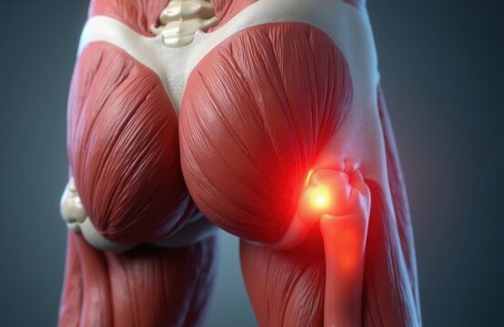 Human thigh muscle anatomy illustration shows posterior view of hamstring, gluteal muscles. Red glow indicates pain injury at bicpic femoris tendon near ischial tuberosity. Useful for medical