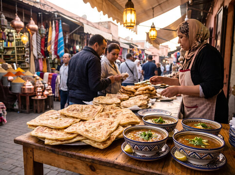Fresh Moroccan msemen and harira soup on traditional ceramic plates, street food vendor scene, authentic market atmosphere, warm natural lighting, cultural food photography