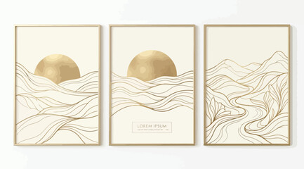 Set of three abstract landscape posters with golden sun and wavy lines, minimalist wall art, modern boho style © Saharia