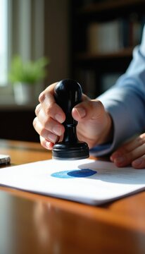 Person holds black rubber stamp applying blue ink impression on white paper document. Close up view of hand stamping document on wooden desk. Office business approval.