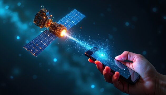 Satellite transmits data beam to mobile phone. Futuristic connection concept for global digital communication and internet access. Person holds smartphone in hand receiving signal from space.