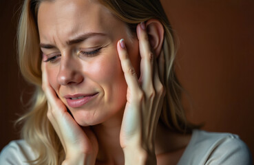 Fototapeta premium Woman holds hands to ears experiencing severe head pain or loud noise sensitivity. Facial expression shows distress and discomfort from earache or migraine discomfort. Health issue concept.