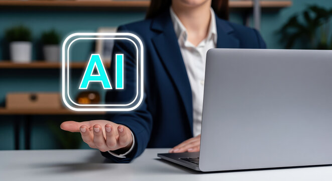 Artificial intelligence integration for workspace optimization and automated enterprise data analysis while employee operating on laptop computer, generative smart tech implementation