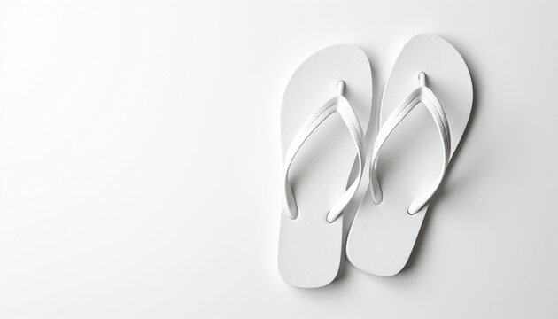 Pair of plain white rubber flip flops on a white background. Perfect for summer beach fashion, holiday vacation gear, and footwear mockups. Simple design for any summer use.