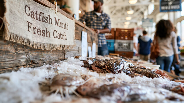 Fresh catfish on ice at a farmers market fish stall with vendor and shoppers