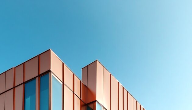 Modern copper building exterior with geometric facade against clear blue sky.