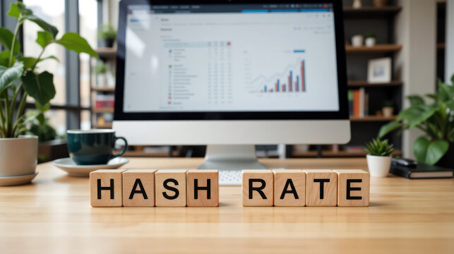 Hash rate cryptocurrency mining profitability tracker representing bitcoin network computation speed calculation and digital crypto farm energy efficiency analysis web presentation
