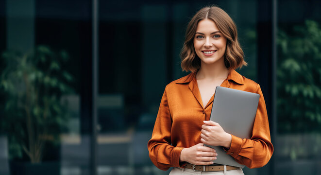 Human resource manager holding laptop near company office building entrance for job interview recruitment selection process or remote web programmer occupation employment assignment
