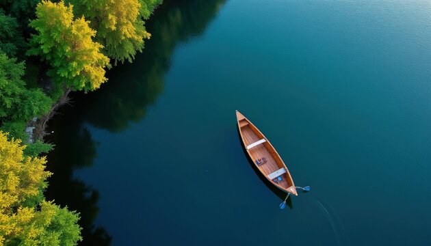 Wooden canoe drifts on calm deep blue lake near green shore with trees. Top view from above shows empty boat with oars ready for journey. Serene outdoor scene.