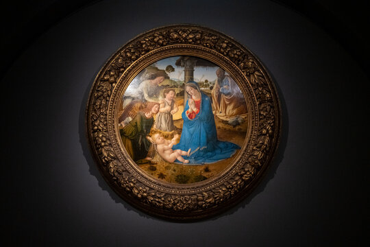 Amsterdam, Netherlands - 15 Apr 25: Renaissance Tondo Madonna and Child in Ornate Frame