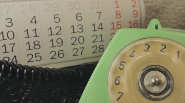 Close-up dialing vintage green telephone with calendar in background. Finger turns dial input number, 1990s business setting meeting scheduled. Analog communication, planning, retro office technology