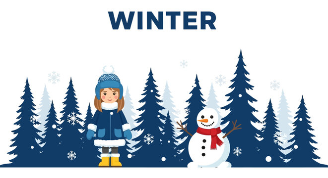 Girl and snowman in winter.