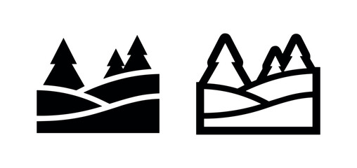 Pine trees on hills icon, forest landscape, nature scene, outdoor wilderness symbol. © liubomir118809