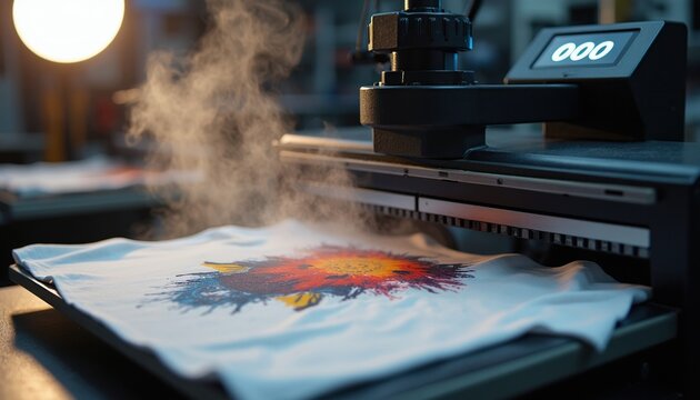 Direct to garment printer applies colorful design onto white t-shirt with steam. Custom apparel production machine finishes garment printing. Professional textile customization workshop.