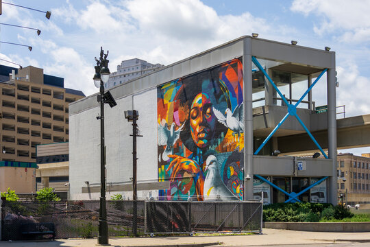 A colorful wall mural in downtown Detroit Michigan USA