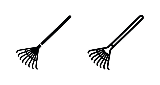 Garden rake icon in solid glyph and outline style, used for clearing leaves, debris, and smoothing soil.